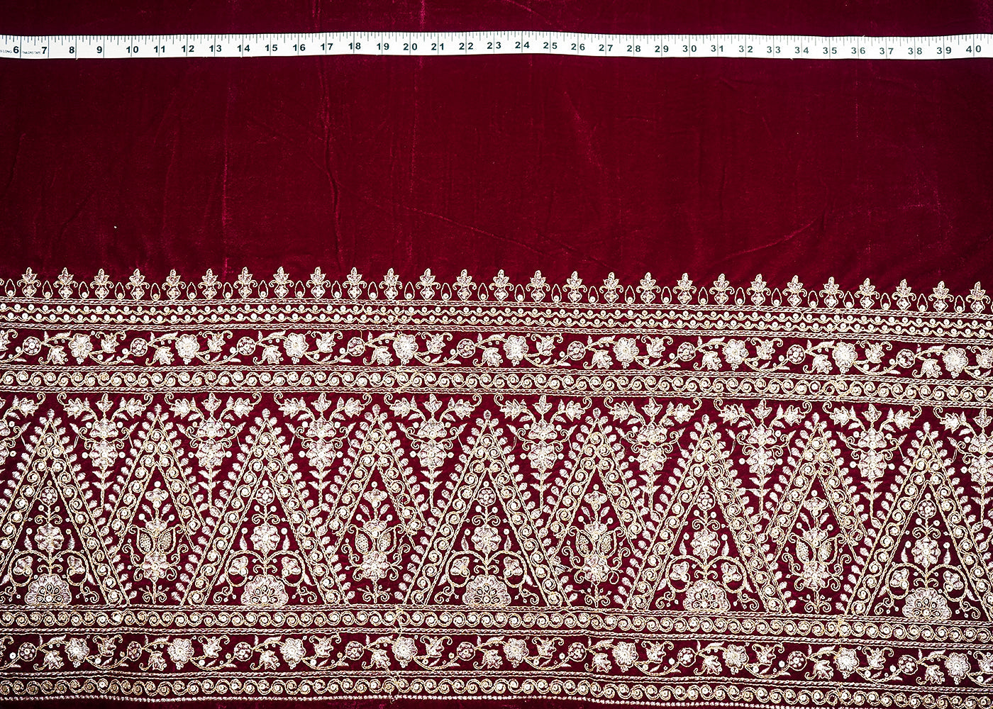 Wine Velvet Fabric With One Side Heavy Border Of Zari And Sequins 20511