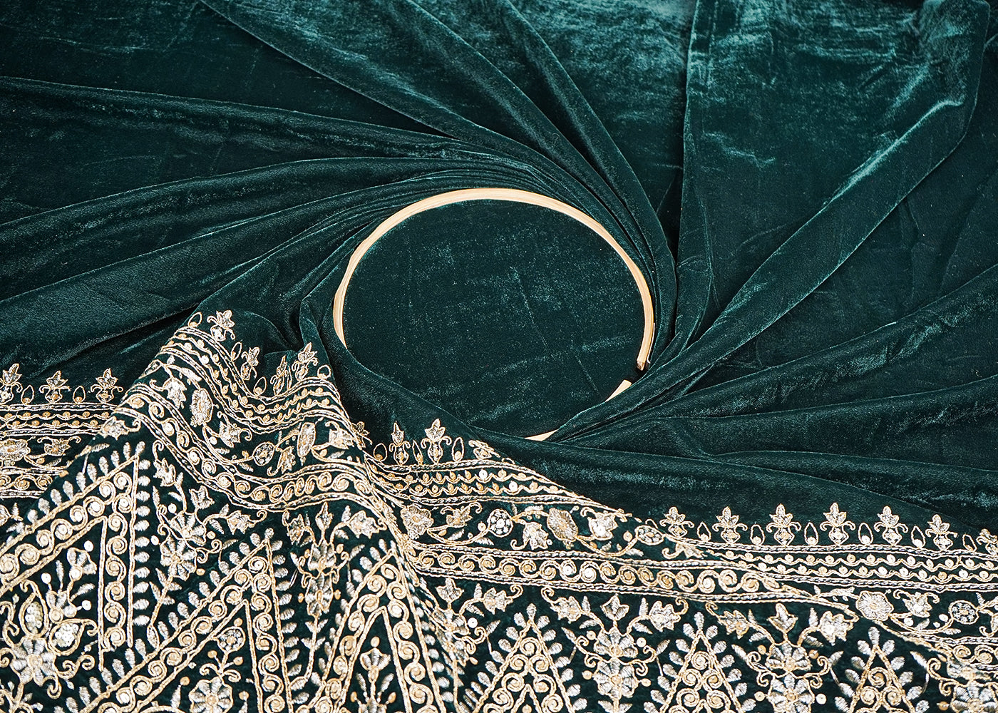 Bottle Green Velvet Fabric With One Side Heavy Border Of Zari And Sequins 20512