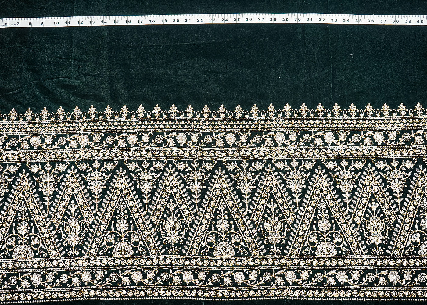 Bottle Green Velvet Fabric With One Side Heavy Border Of Zari And Sequins 20512