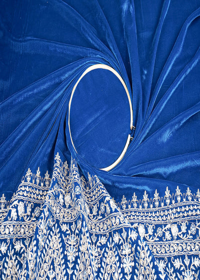 Peacock Blue Velvet Fabric With One Side Heavy Border Of Zari And Sequins 20513