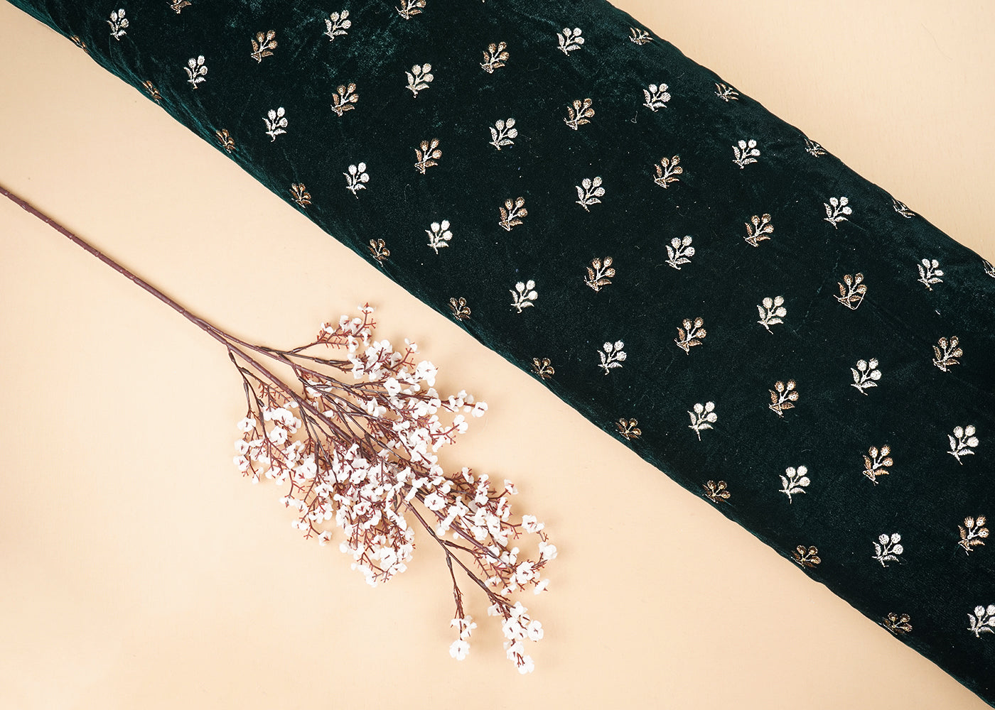 Bottle Green Velvet Fabric With All Over Buti Of Zari And Sequins Work 20514