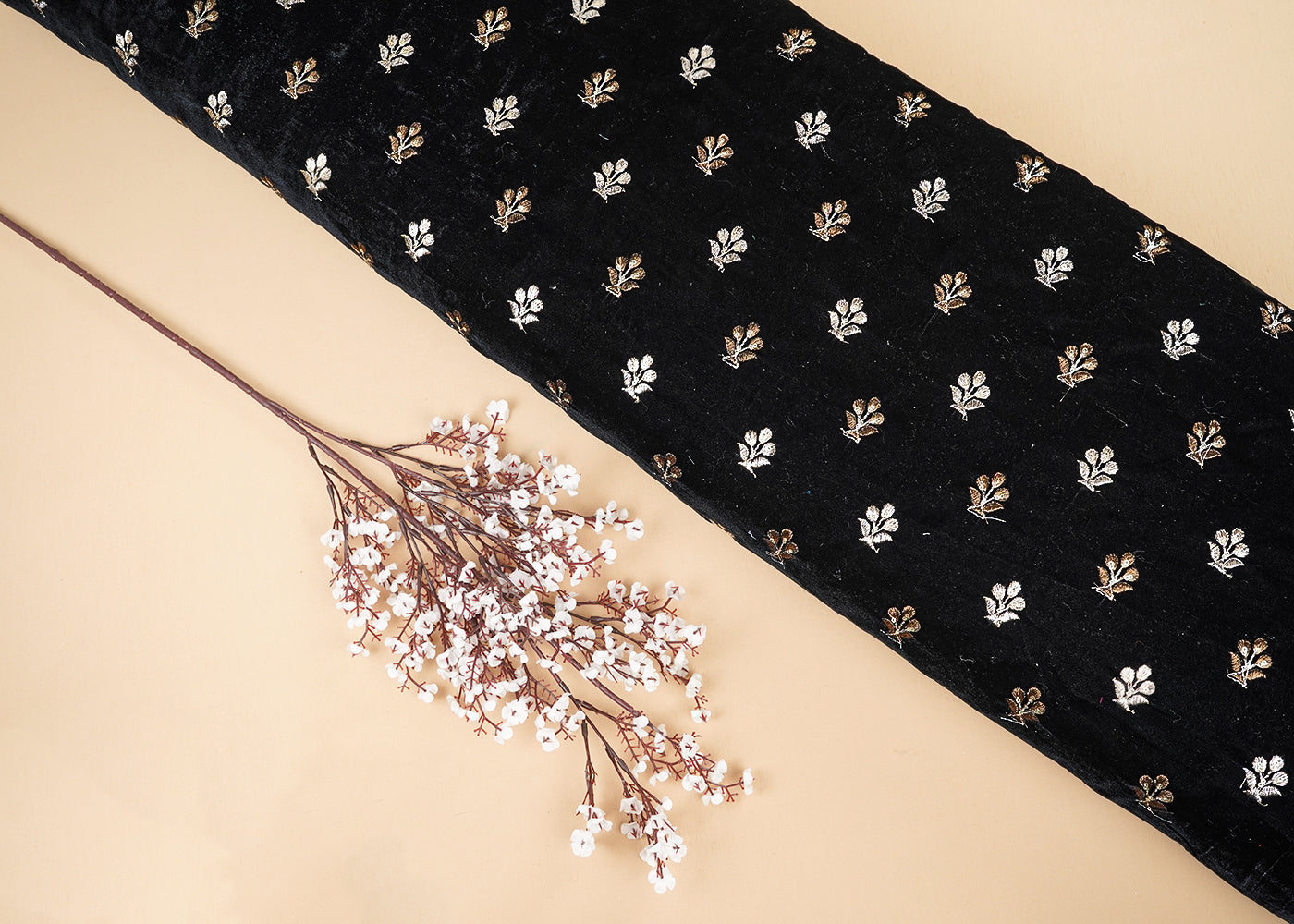 Black Velvet Fabric With All Over Buti Of Zari And Sequins Work 20515