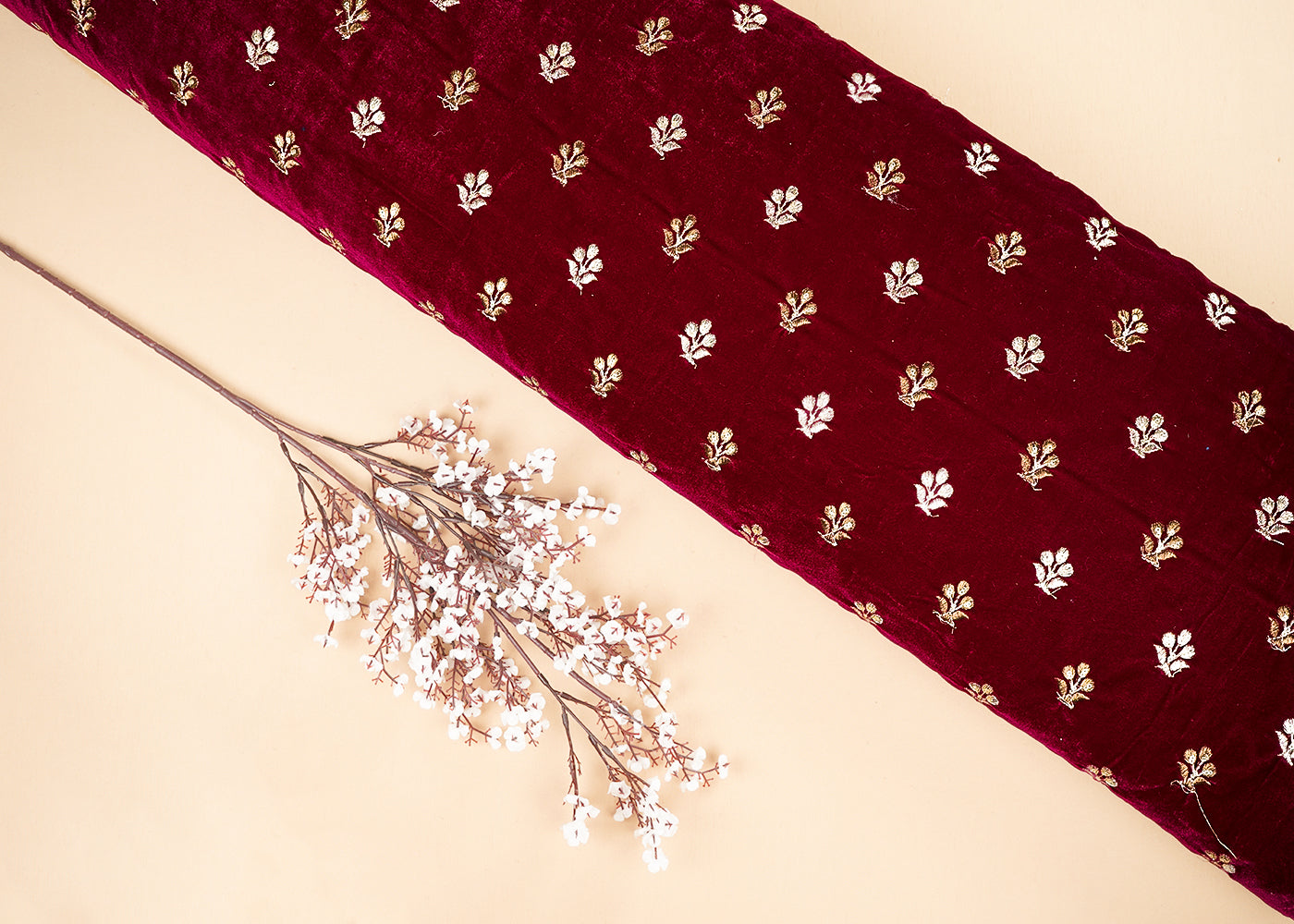 Wine Velvet Fabric With All Over Buti Of Zari And Sequins Work 20516