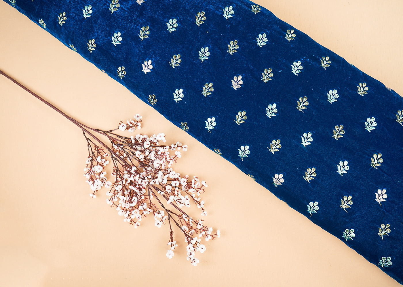 Peacock Blue Velvet Fabric With All Over Buti Of Zari And Sequins Work 20517