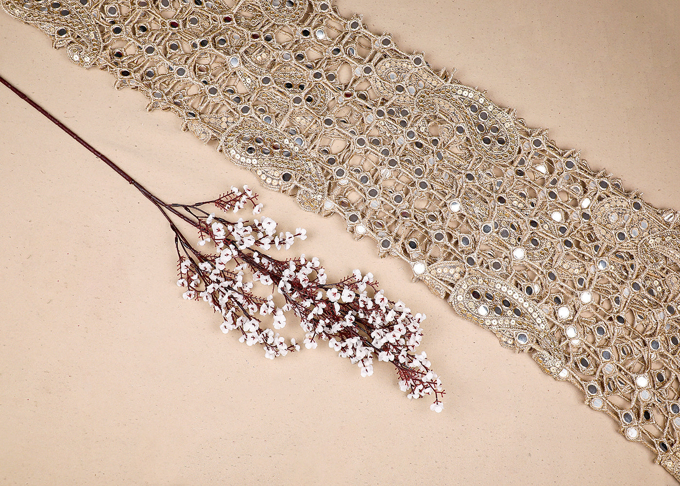 Golden Net Fabric With All Over Laser Cutwork And One Side Border 20518