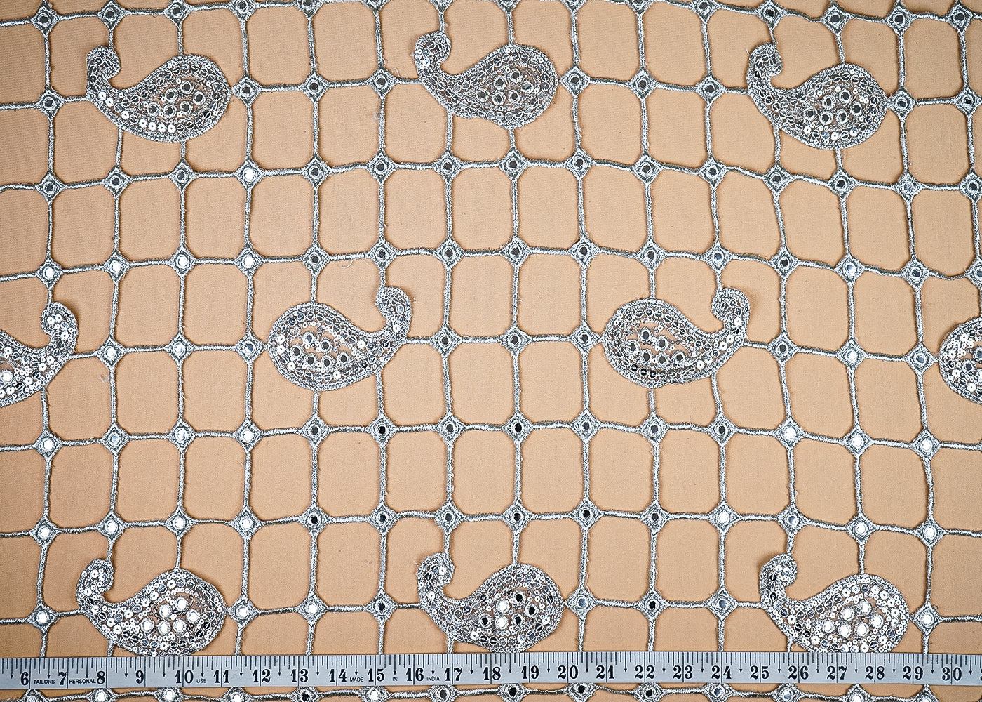 Silver Net Fabric With All Over Laser Cutwork And One Side Border 20519