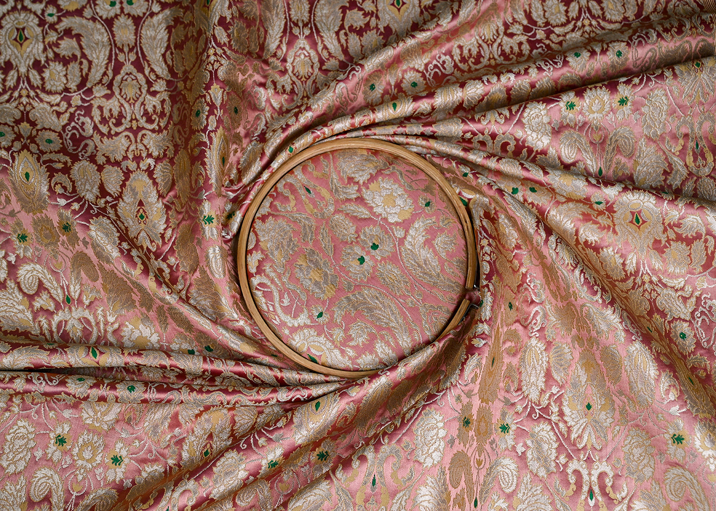 Baby Pink Pure Banarasi Brocade Fabric With All Over Thread And Golden Zari Handloom 20530