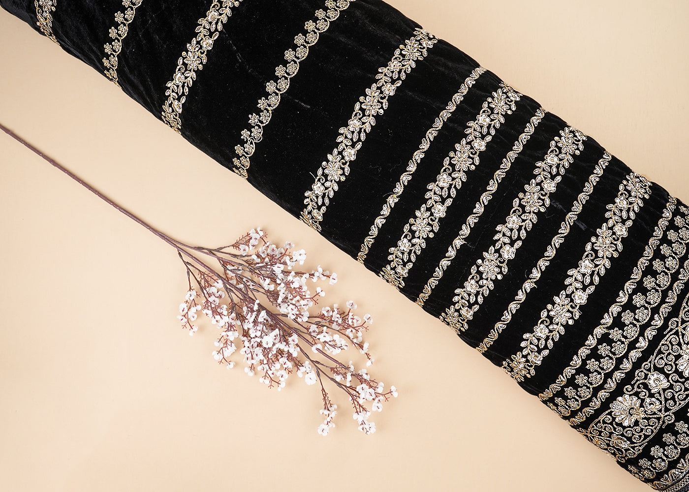 Black Velvet Fabric With All Over Golden Zari Work And One Side Border 20532