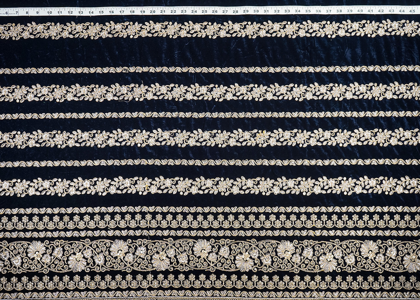 Navy Blue Velvet Fabric With All Over Golden Zari Work And One Side Border 20533