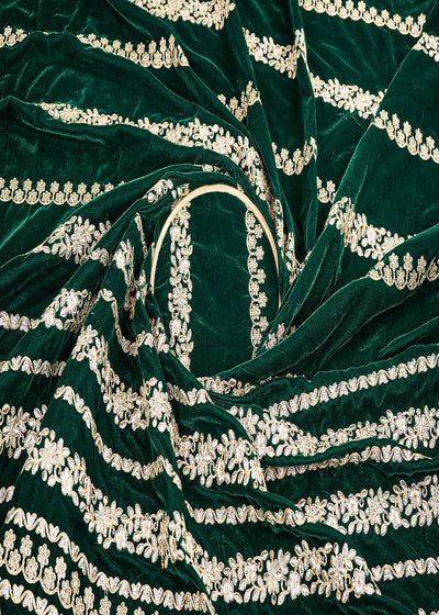 Bottle Green Velvet Fabric With All Over Golden Zari Work And One Side Border 20535