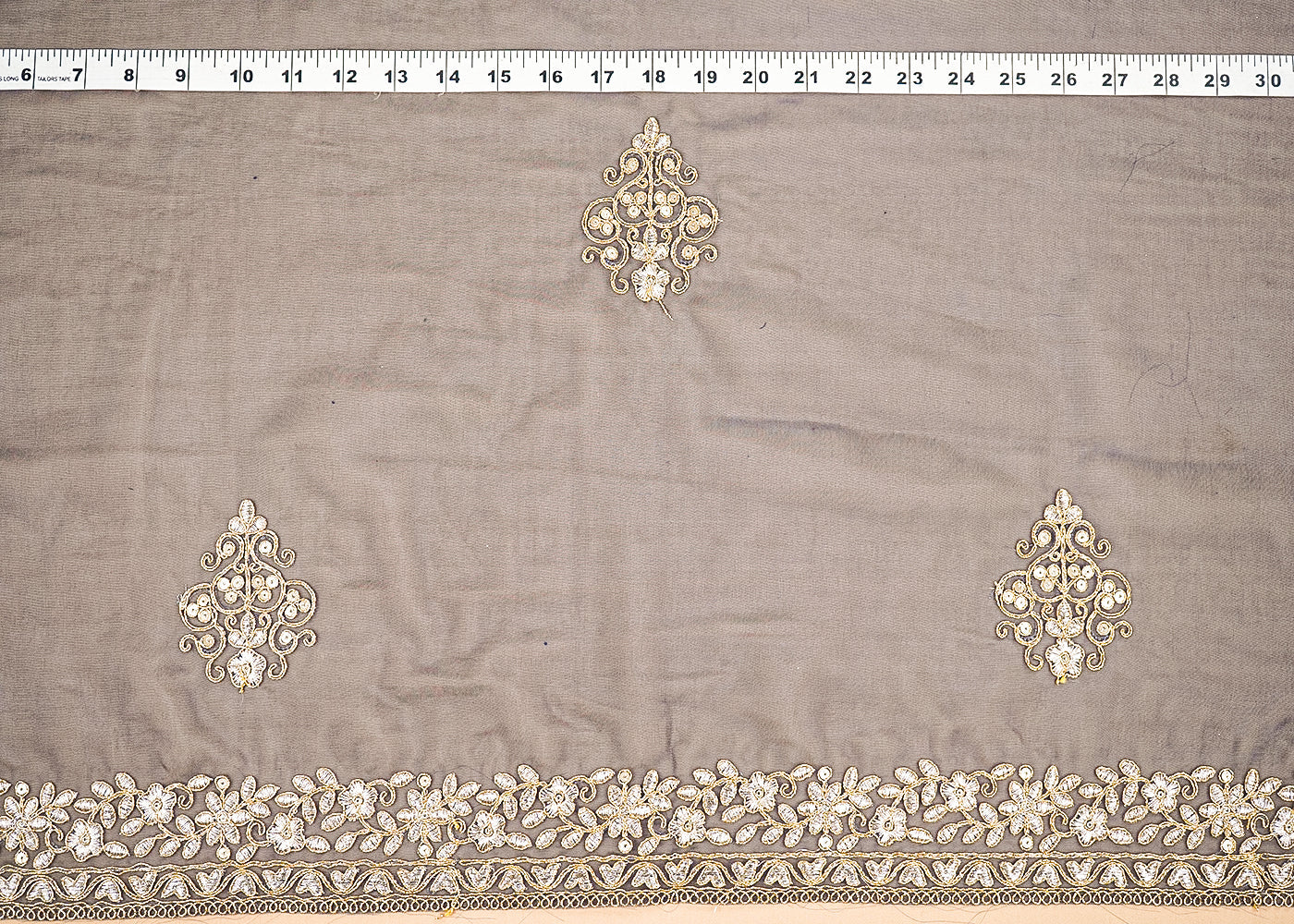 Navy Blue Organza Fabric With All Over Buti Of Golden Zari And Sequins With Two Side Border 20536