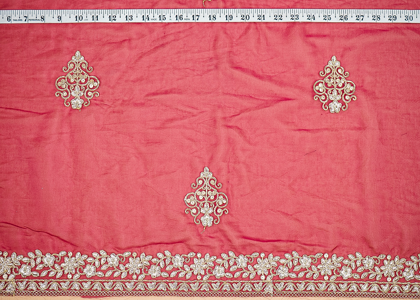 Wine Organza Fabric With All Over Buti Of Golden Zari And Sequins With Two Side Border 20537