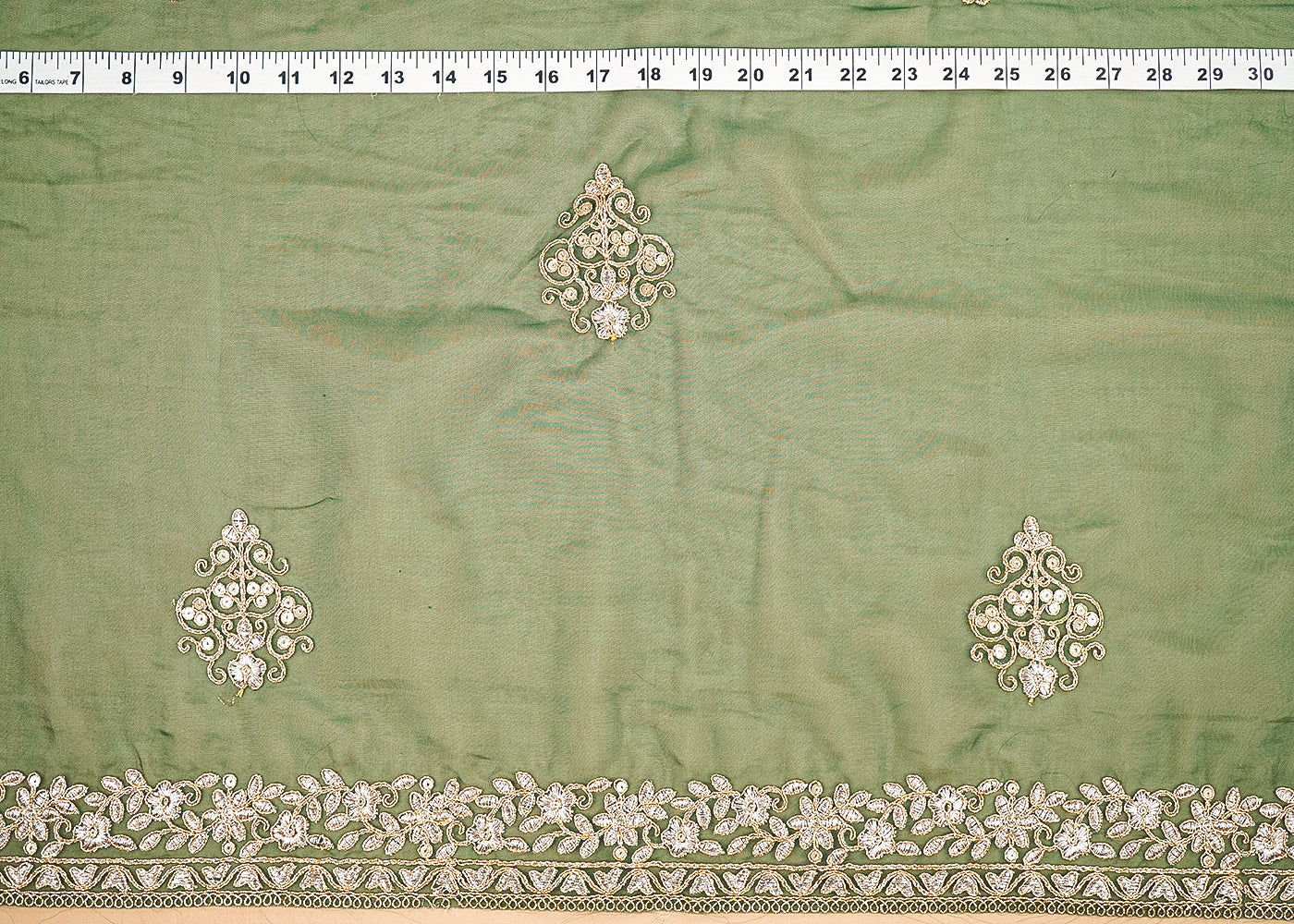 Bottle Green Organza Fabric With All Over Buti Of Golden Zari And Sequins With Two Side Border 20539