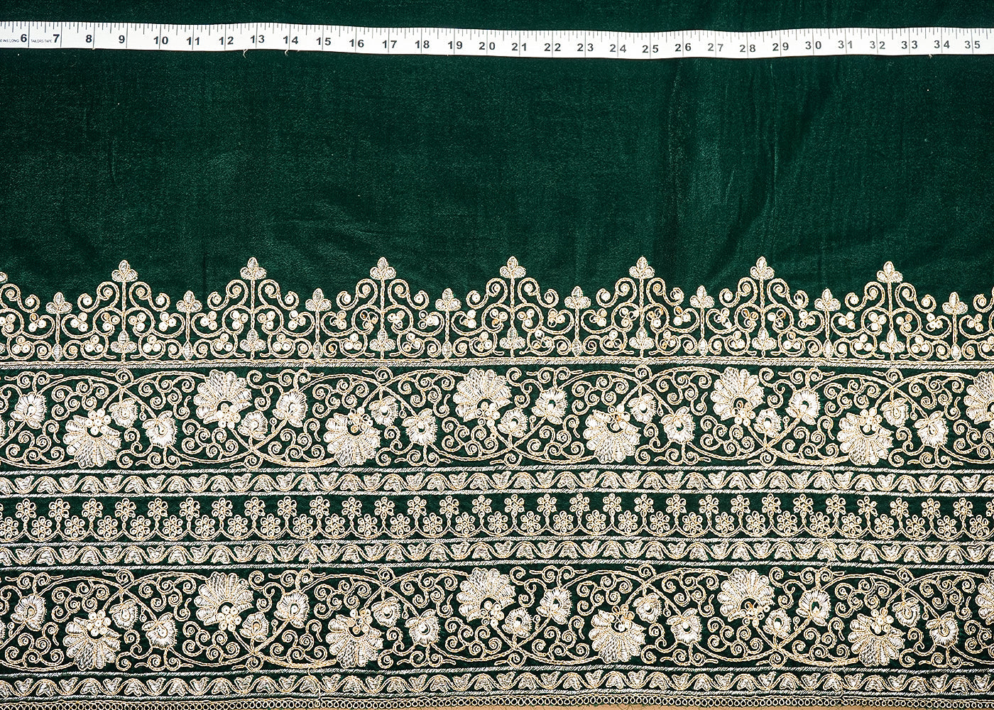 Bottle Green Velvet Fabric With Heavy Border Of Golden Zari And Sequins 20541