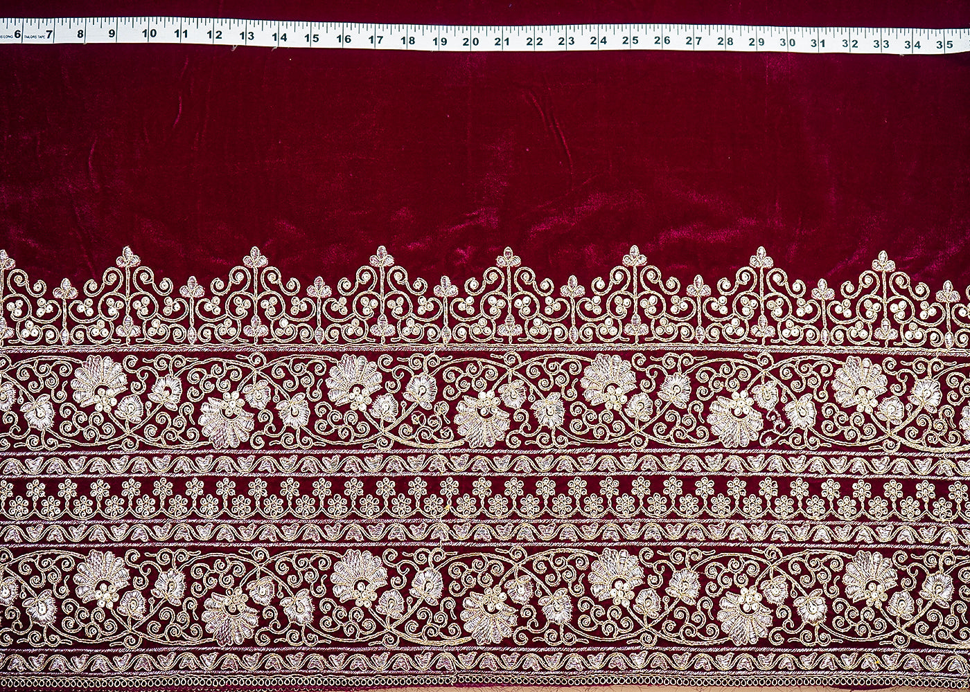Wine Velvet Fabric With Heavy Border Of Golden Zari And Sequins 20542