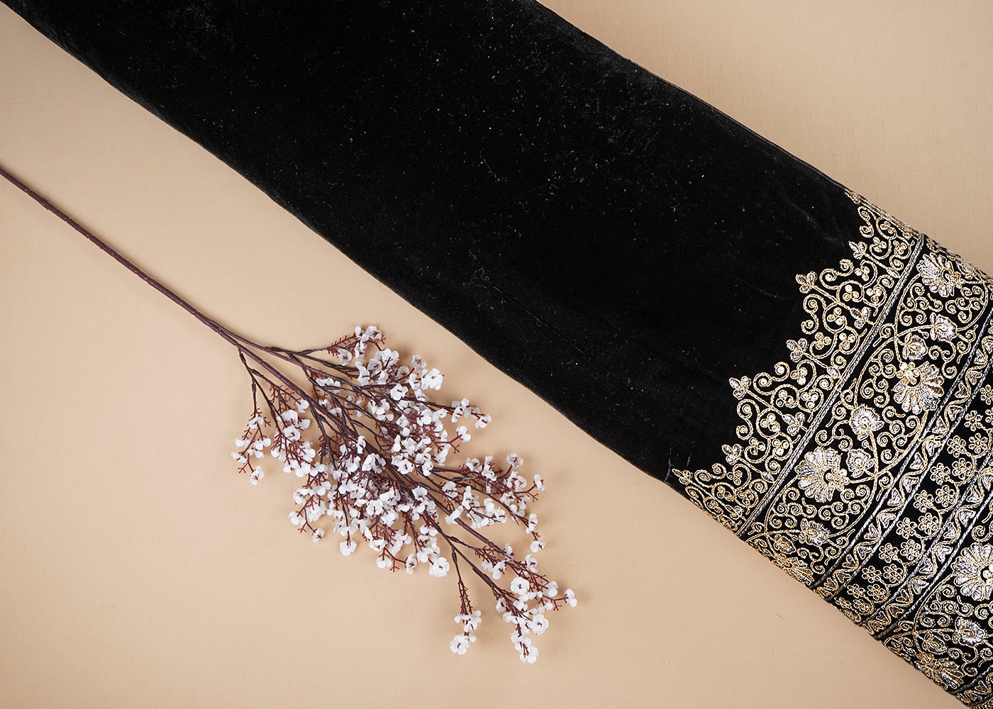 Black Velvet Fabric With Heavy Border Of Golden Zari And Sequins 20543
