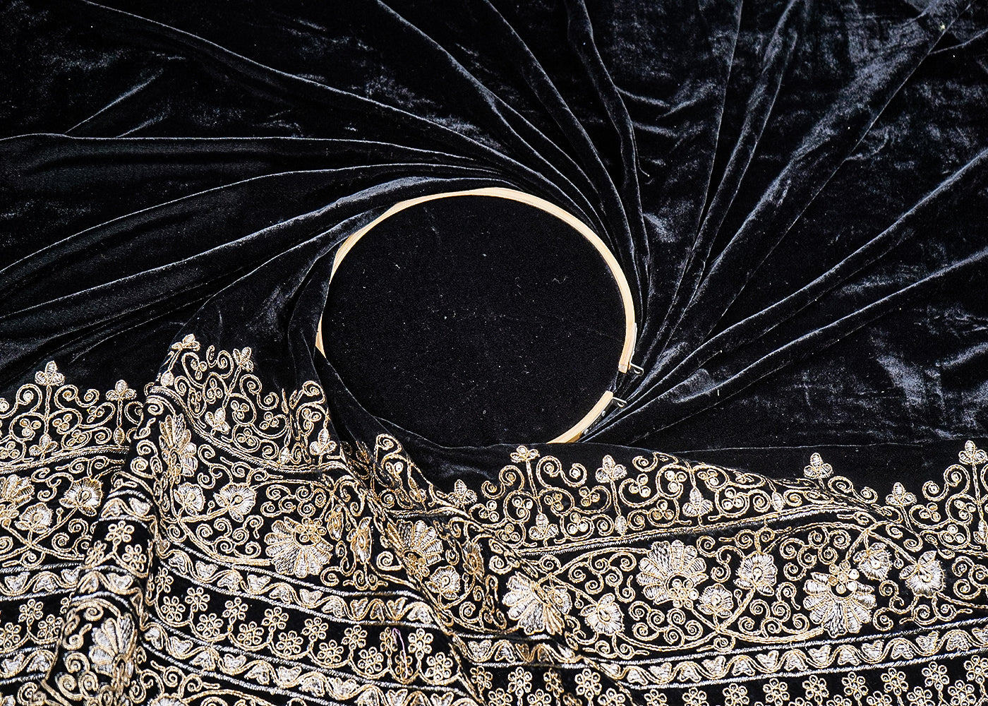 Black Velvet Fabric With Heavy Border Of Golden Zari And Sequins 20543