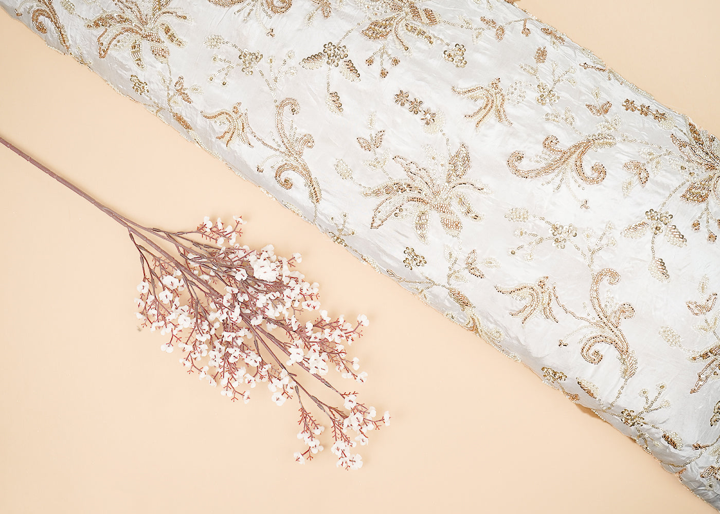 White Crepe Fabric With All Over Sequins, Katdana And Bead Work 20547