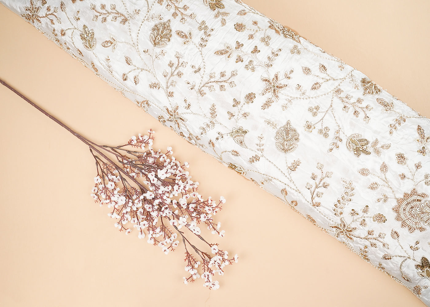 White Crepe Fabric With All Over Sequins, Katdana And Bead Work 20548