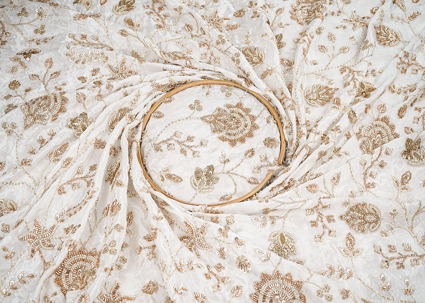 White Crepe Fabric With All Over Sequins, Katdana And Bead Work 20548