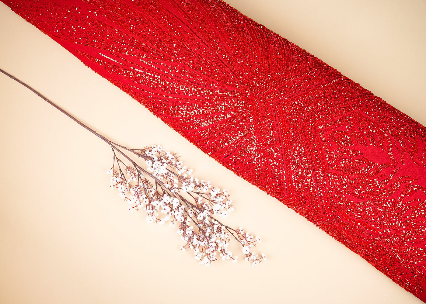 Red Georgette Fabric With All Over Sequins And Bead Work With With One Side Heavy Border 20549