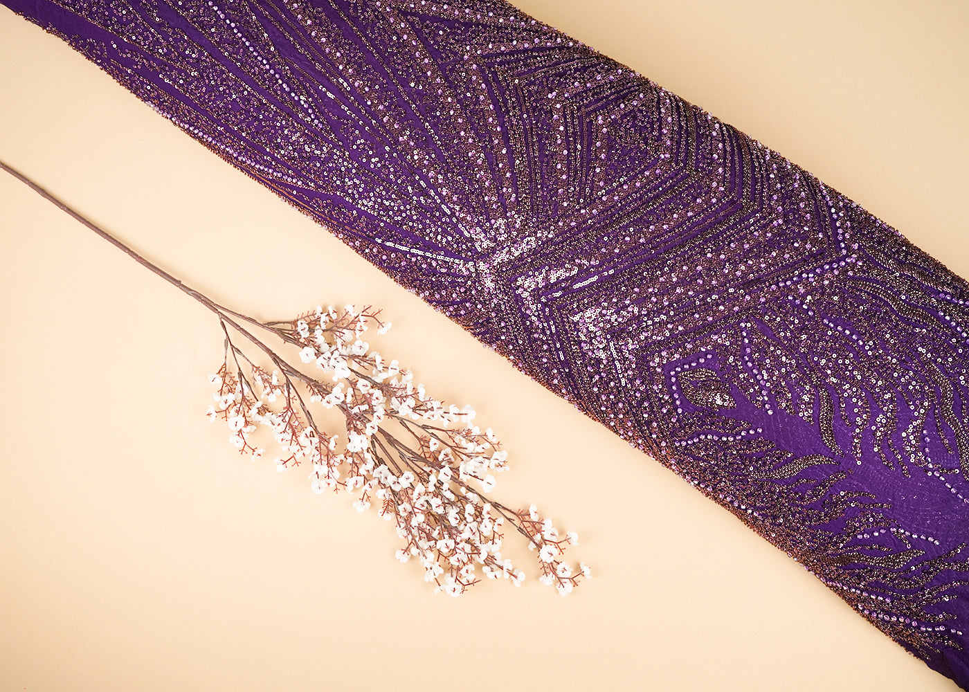 Purple Georgette Fabric With All Over Sequins And Bead Work With One Side Heavy Border 20550