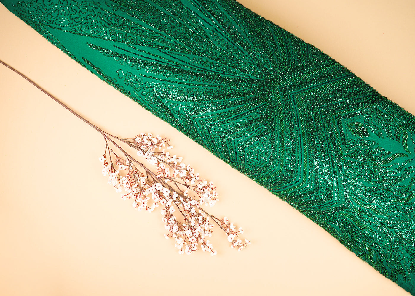 Green Georgette Fabric With All Over Sequins And Bead Work With One Side Heavy Border 20551