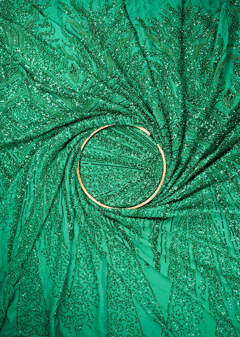 Green Georgette Fabric With All Over Sequins And Bead Work With One Side Heavy Border 20551