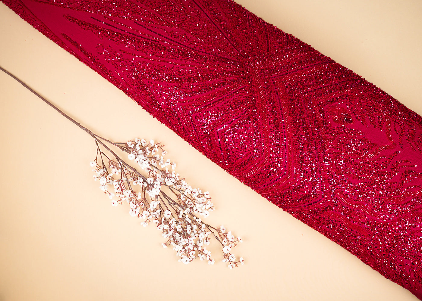 Rani Pink Georgette Fabric With All Over Sequins And Bead Work With One Side Heavy Border 20552