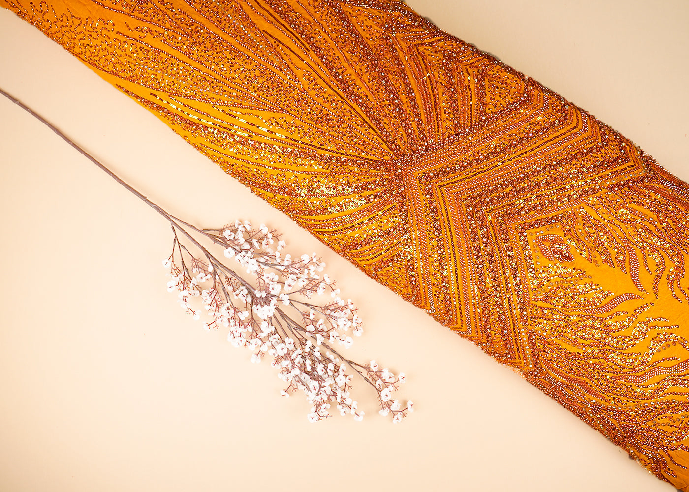 Mustard Georgette Fabric With All Over Sequins And Bead Work With One Side Heavy Border 20553