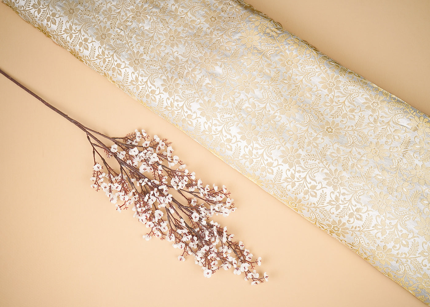 Ivory Banarasi Brocade Fabric With All Over Golden Zari Handloom 20564