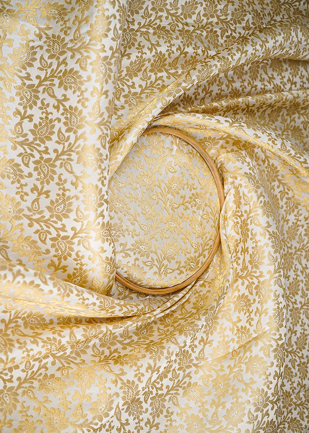Ivory Banarasi Brocade Fabric With All Over Golden Zari Handloom 20567
