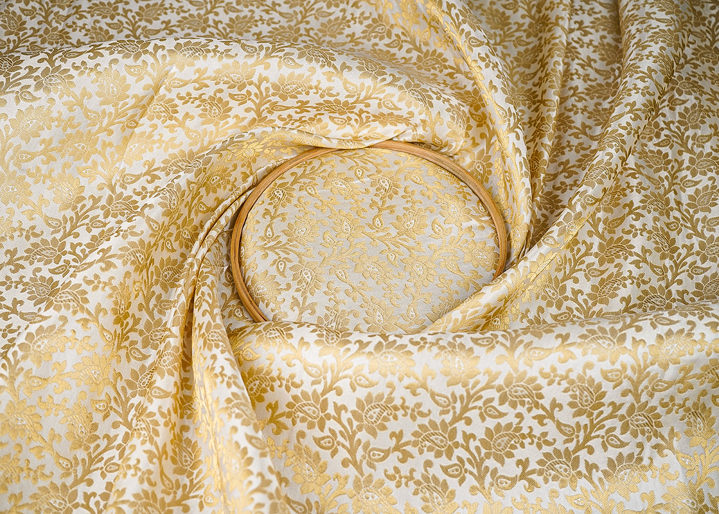 Ivory Banarasi Brocade Fabric With All Over Golden Zari Handloom 20567