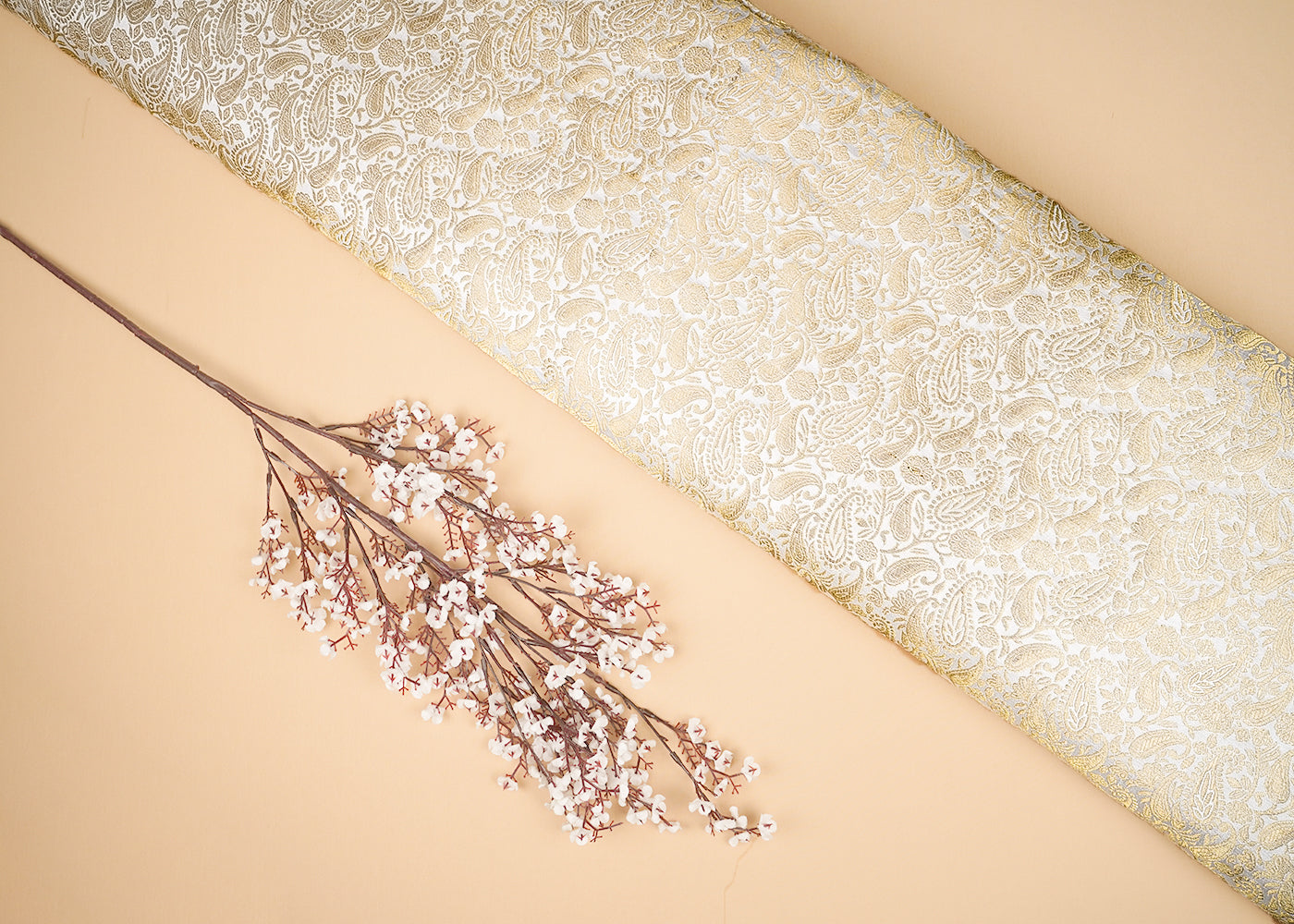 Ivory Banarasi Brocade Fabric With All Over Golden Zari Handloom 20568