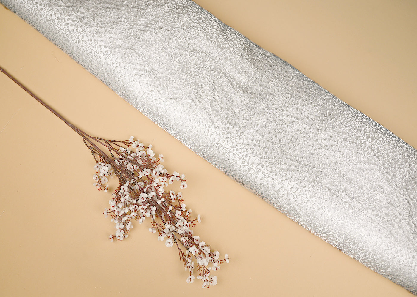 White Banarasi Brocade Fabric With All Over Silver Zari Handloom 20569