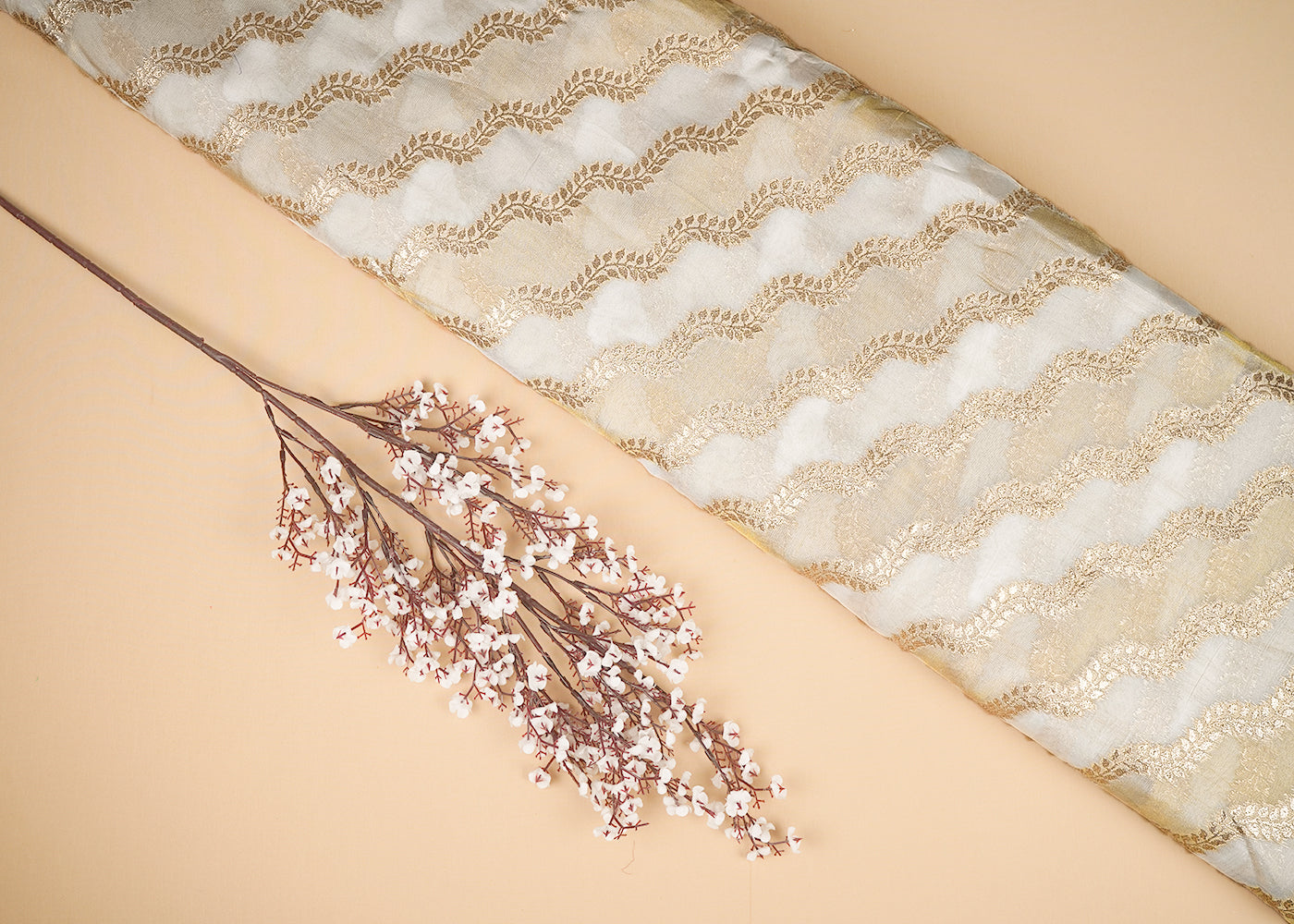 White Organza Tissue Fabric With All Over Golden Zari Handloom 20574