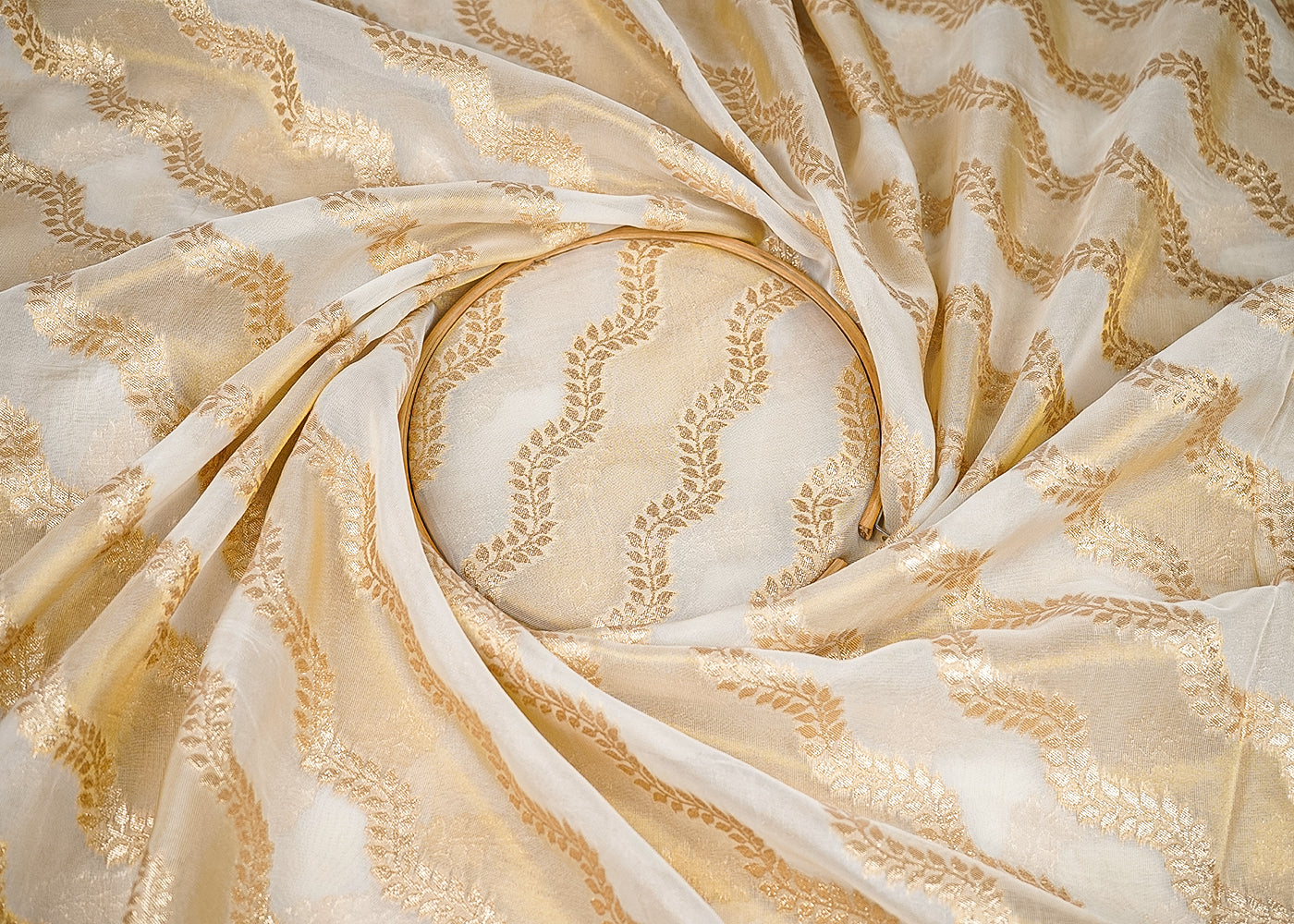 White Organza Tissue Fabric With All Over Golden Zari Handloom 20574