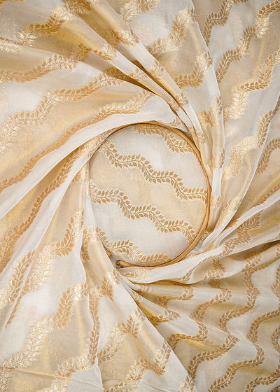 White Organza Tissue Fabric With All Over Golden Zari Handloom 20574