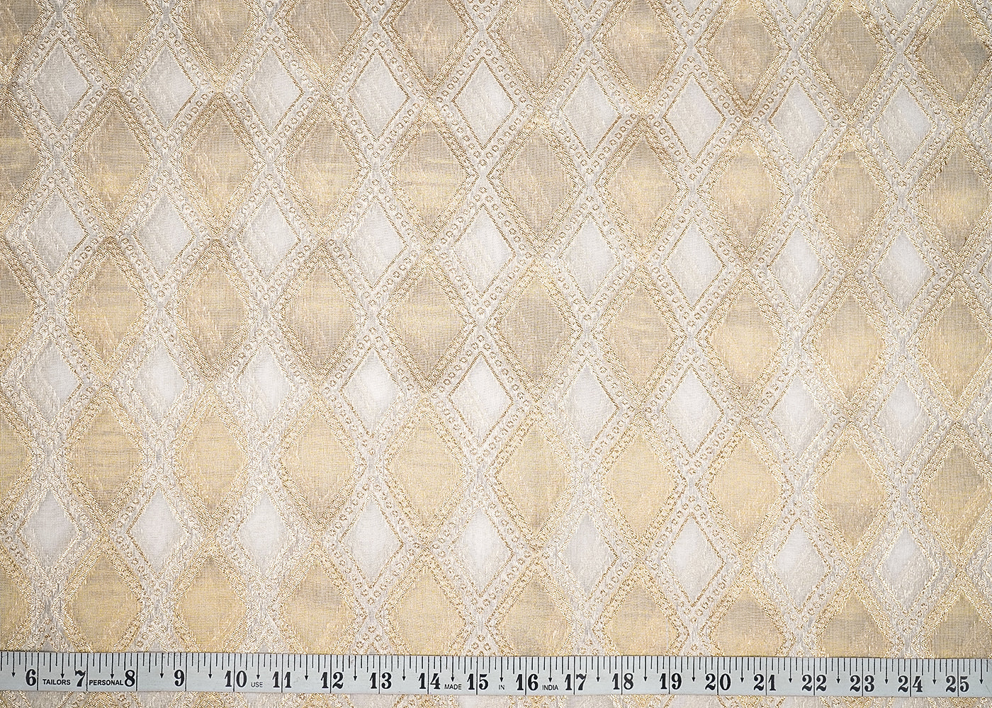 White Organza Tissue Fabric With All Over Golden Zari Handloom 20576