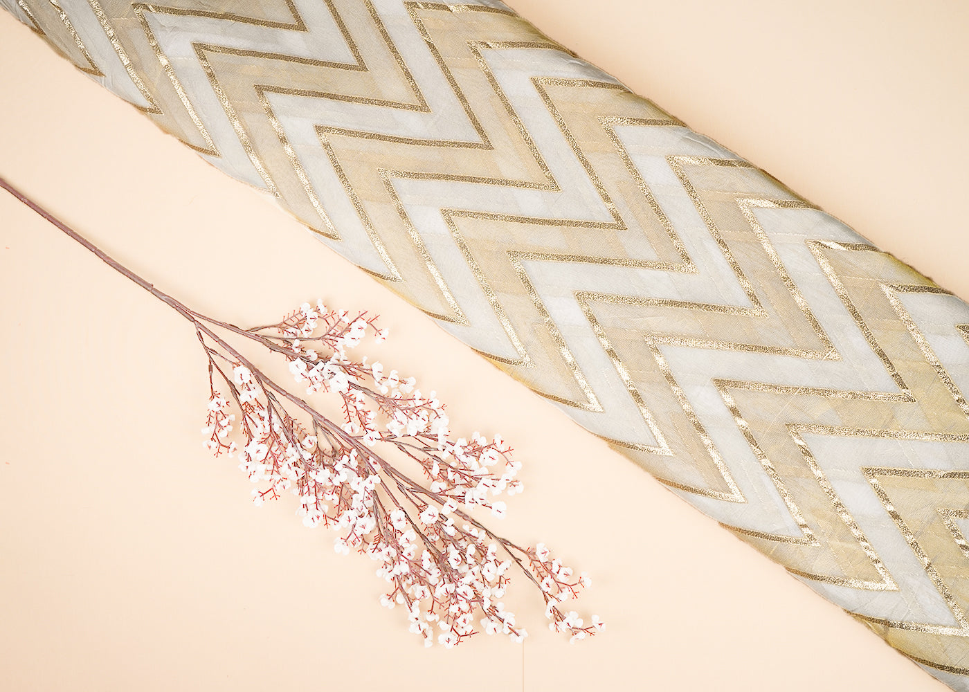 White Organza Tissue Fabric With All Over Golden Zari Handloom 20577