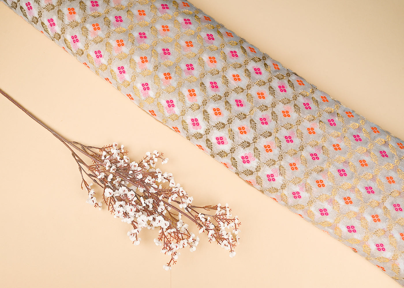 White Georgette Fabric With All Over Thread And Zari Handloom 20584