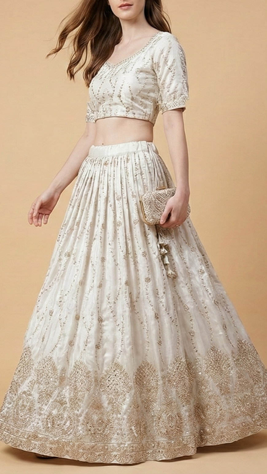White Dyeable Silk Fabric With All Over Katdana, Sequins And Bead Work With One Side Heavy Border 20587