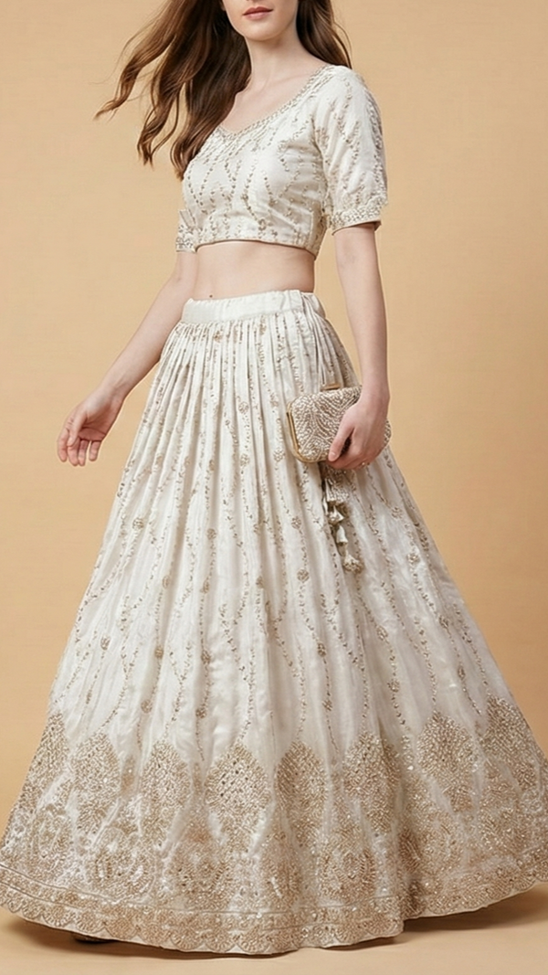 White Dyeable Silk Fabric With All Over Katdana, Sequins And Bead Work With One Side Heavy Border 20587