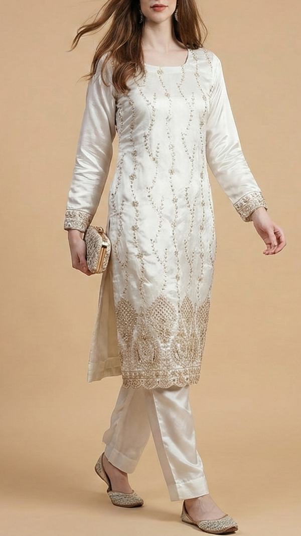White Dyeable Silk Fabric With All Over Katdana, Sequins And Bead Work With One Side Heavy Border 20587