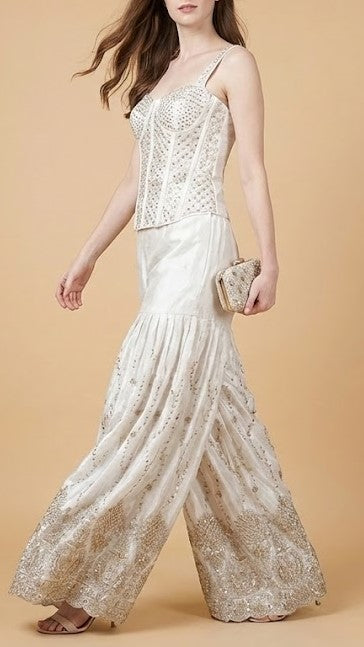 White Dyeable Silk Fabric With All Over Katdana, Sequins And Bead Work With One Side Heavy Border 20587