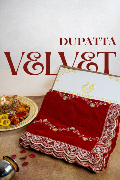 Red Velvet Dupatta With All Over Zig-Zag Pattern Of Sequins, Katdana, Bead And Zari 20590