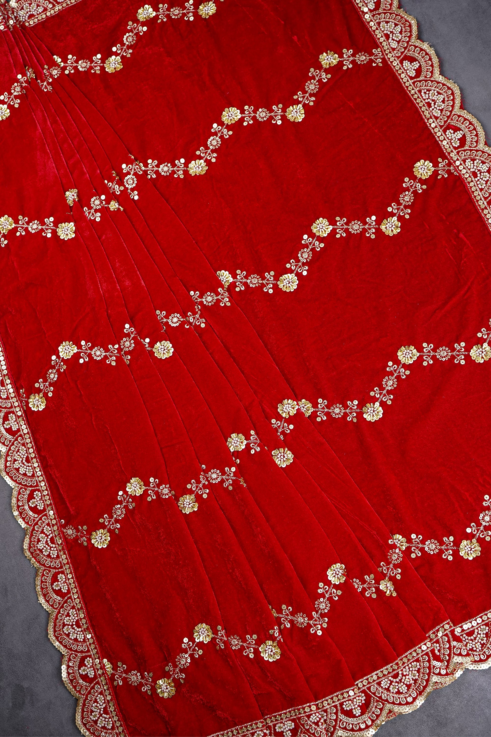 Red Velvet Dupatta With All Over Zig-Zag Pattern Of Sequins, Katdana, Bead And Zari 20590