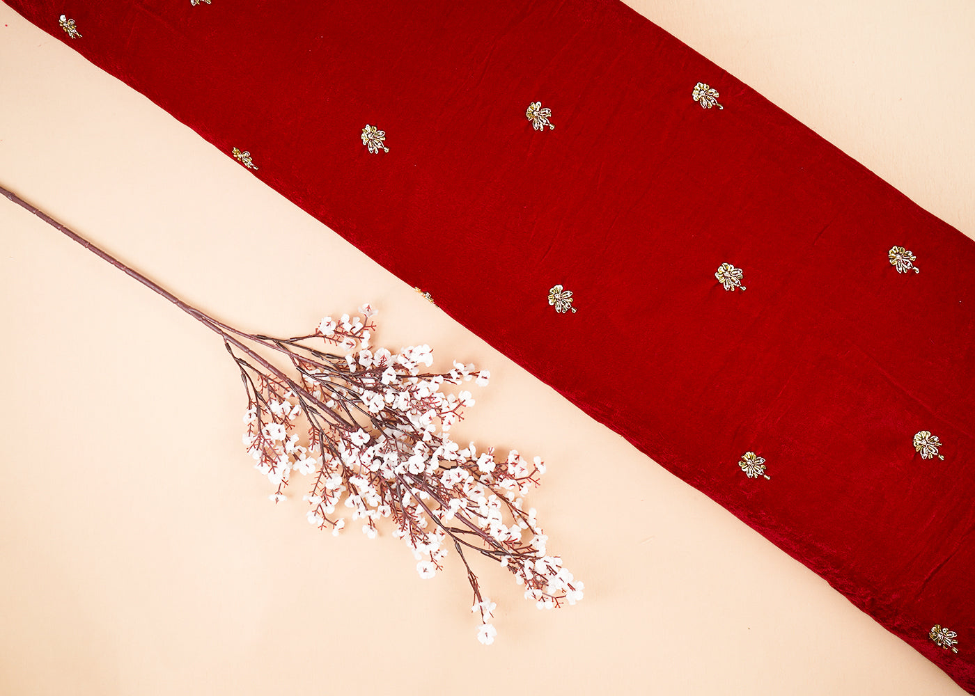 Red Velvet Fabric With All Over Buti Of Katdana, Sequins And Zari 20599