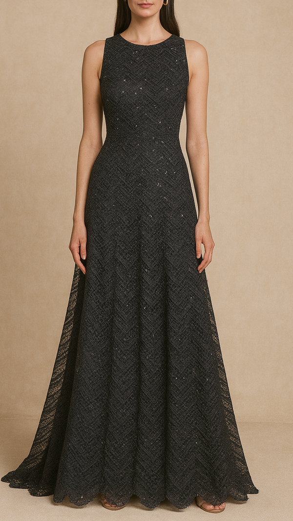 Black Imported Net Fabric With All Over Thread And Sequins Work 16858