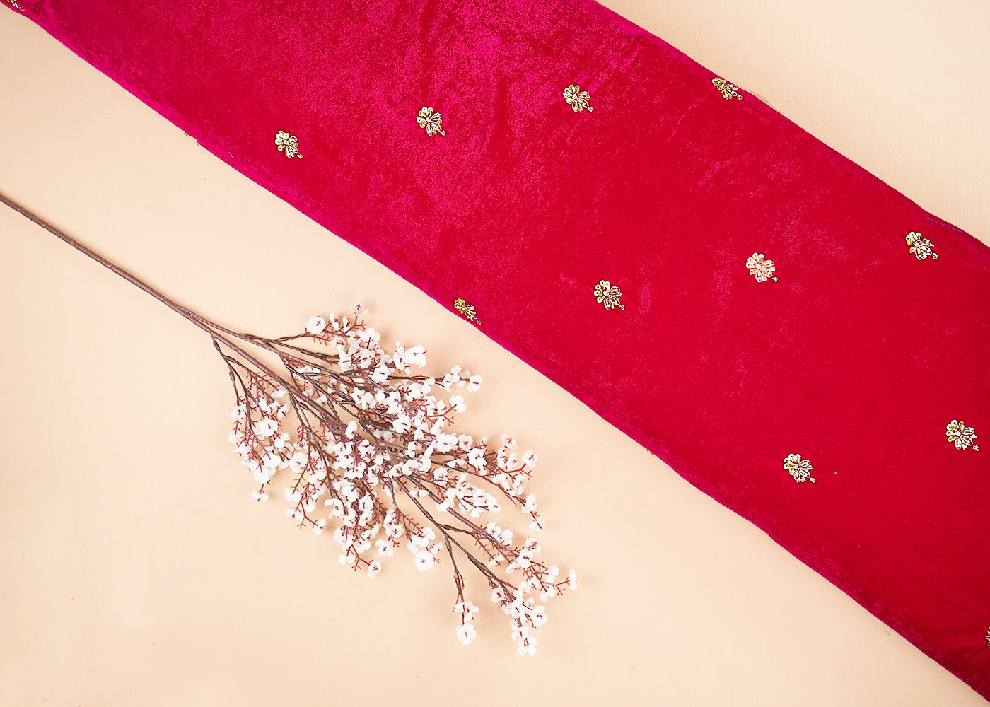 Rani Pink Velvet Fabric With All Over Buti Of Katdana, Sequins And Zari 20600